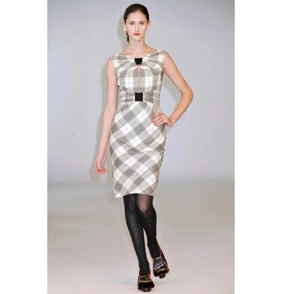 Zac Posen Plaid Wool Silk Blend Sheath Dress Cream Black Designer- Size 2